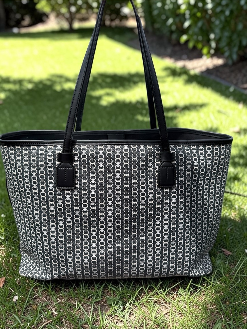 Tory Burch Black and White Logo Stripe Canvas Tote with Center Webbing - Picture 6 of 16